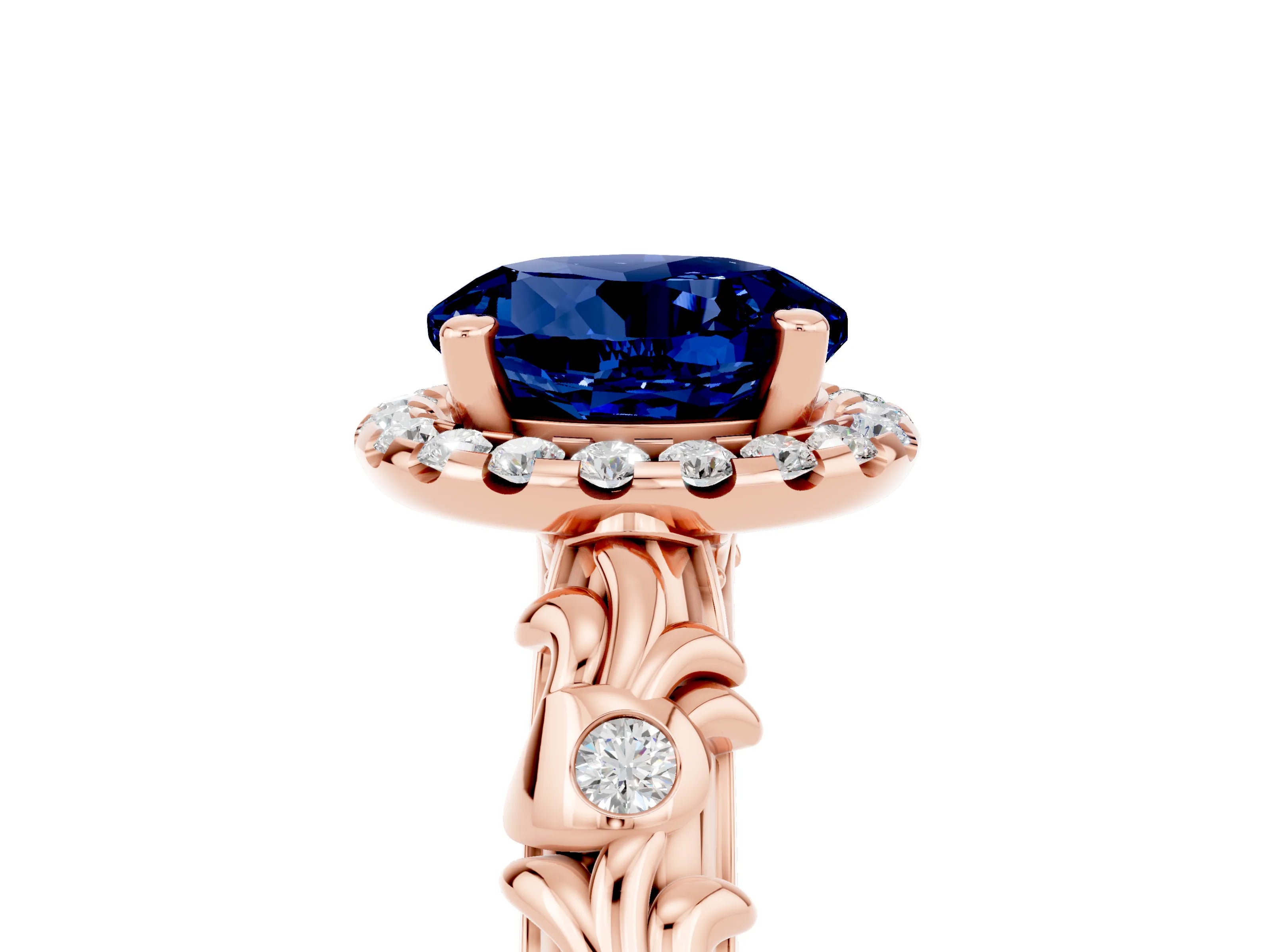 Rose gold Round Cut Halo Diamond Solitaire with Filigree Band and Four-Prong Setting_5