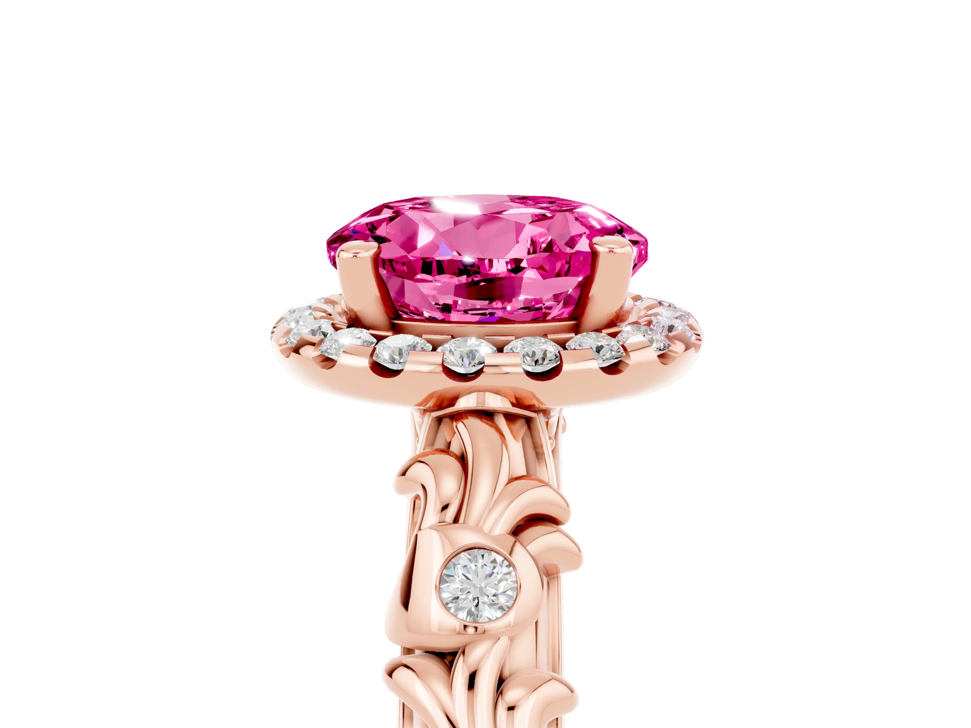 Rose gold Round Cut Halo Diamond Solitaire with Filigree Band and Four-Prong Setting_5