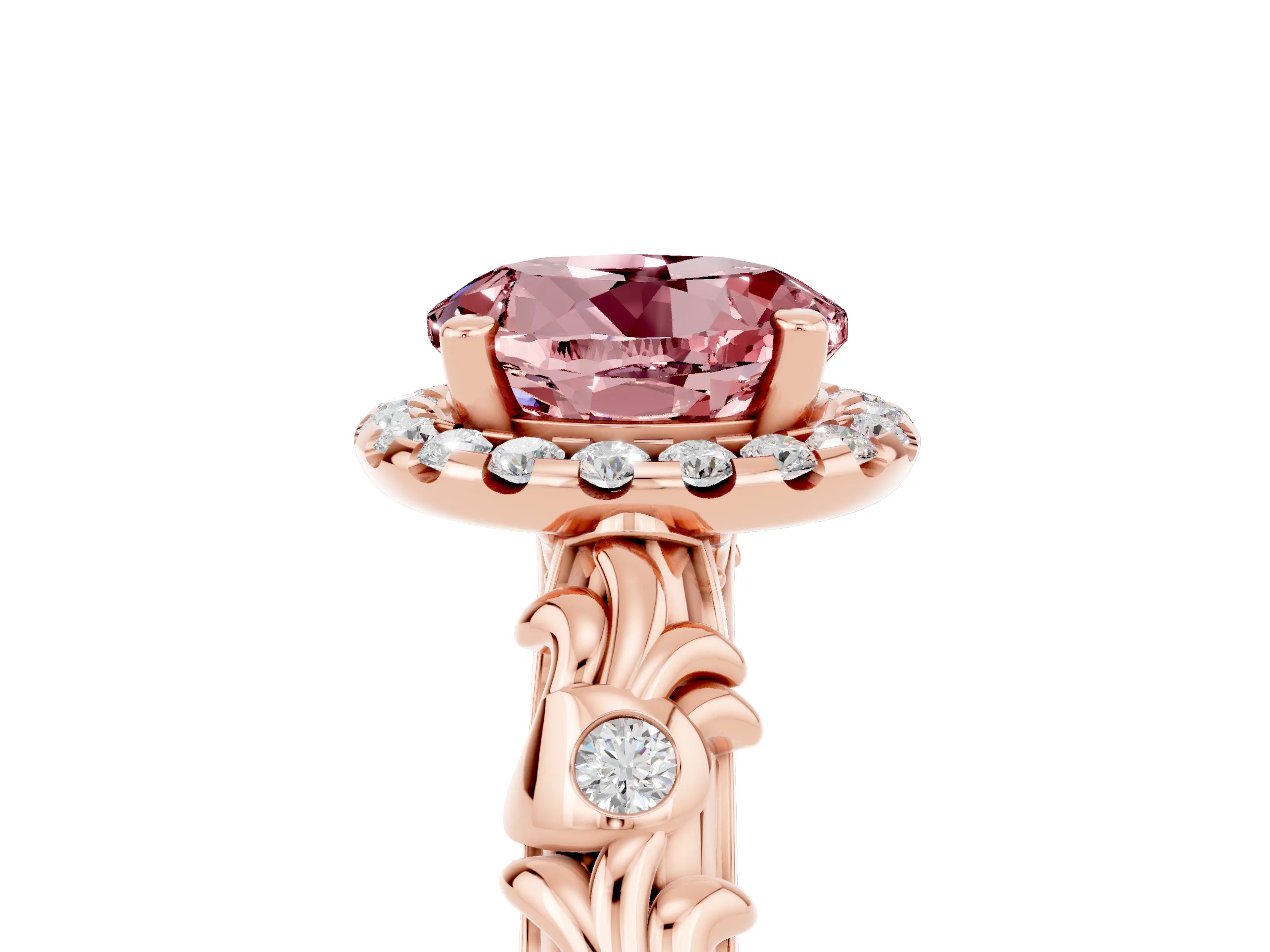 Rose gold Round Cut Halo Diamond Solitaire with Filigree Band and Four-Prong Setting_5