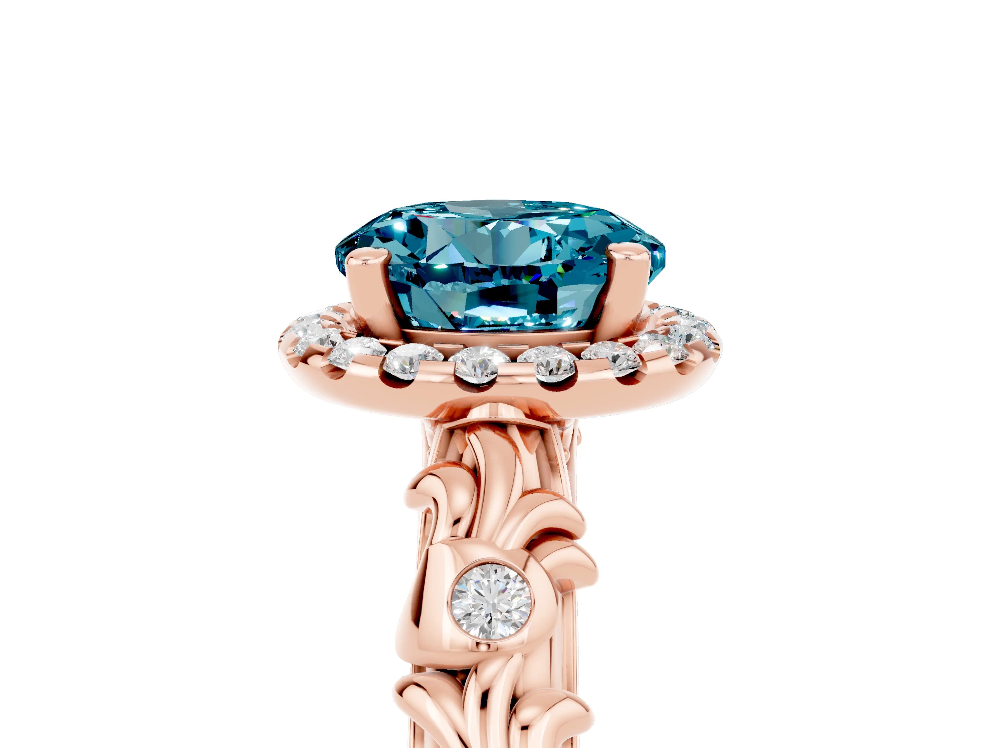 Rose gold Round Cut Halo Diamond Solitaire with Filigree Band and Four-Prong Setting_5