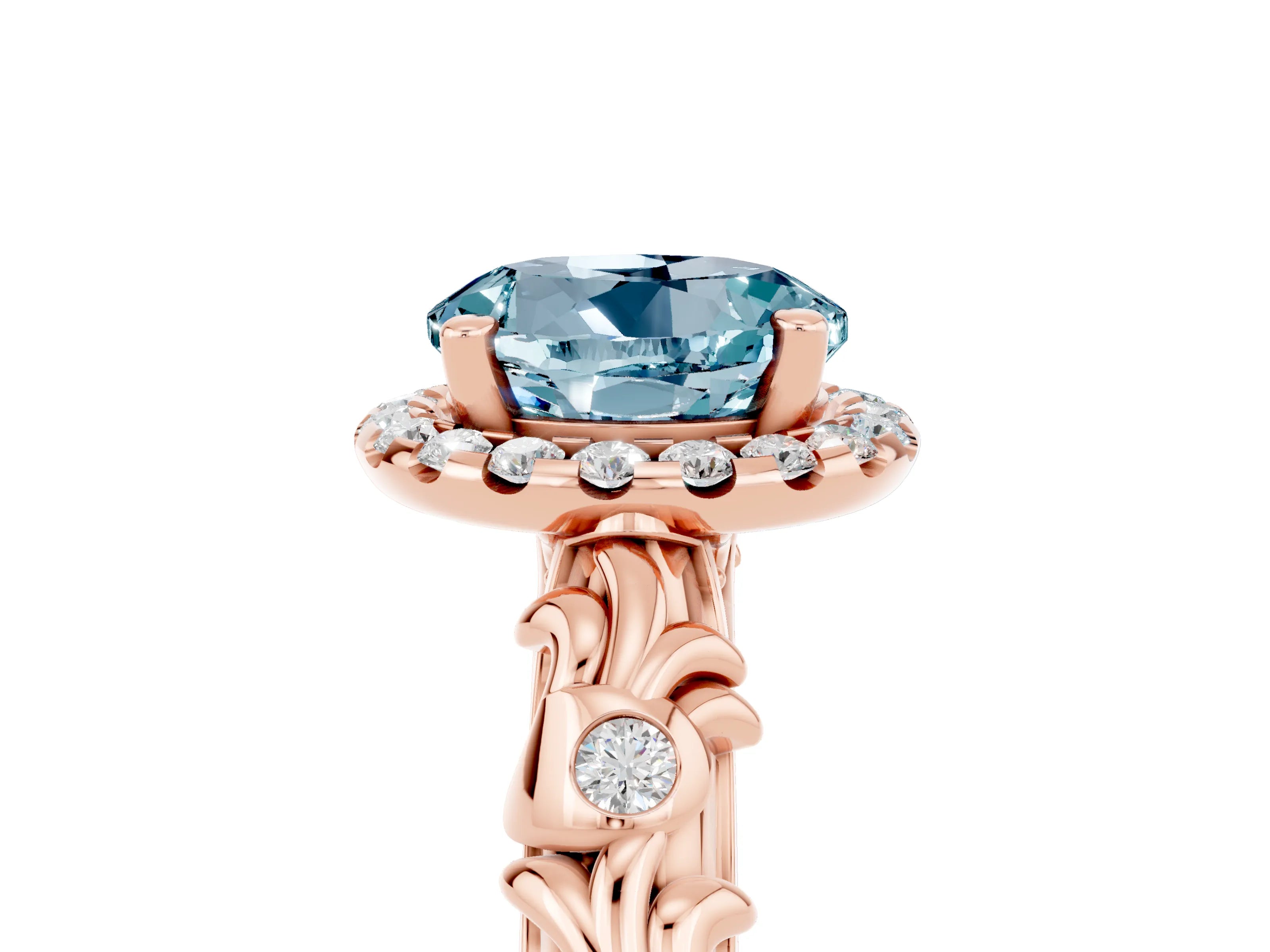 Rose gold Round Cut Halo Diamond Solitaire with Filigree Band and Four-Prong Setting_5