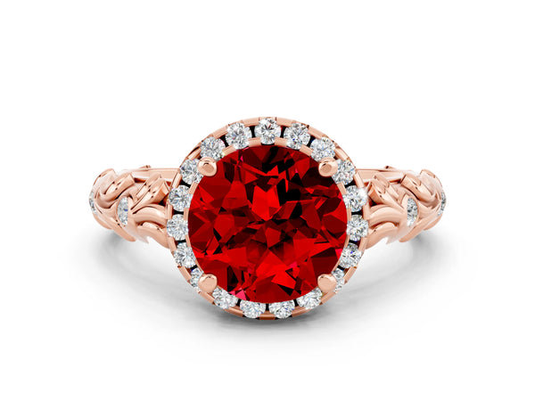 Rose gold Round Cut Ruby Halo Ring with Filigree Band and Prong Setting