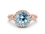 Rose gold Round Cut Halo Diamond Solitaire with Filigree Band and Four-Prong Setting