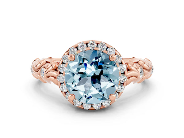 Rose gold Round Cut Aquamarine Halo Ring with Filigree Band and Prong Setting