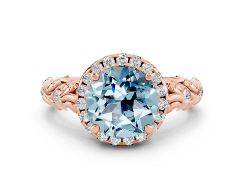 Rose gold Round Cut Halo Diamond Solitaire with Filigree Band and Four-Prong Setting