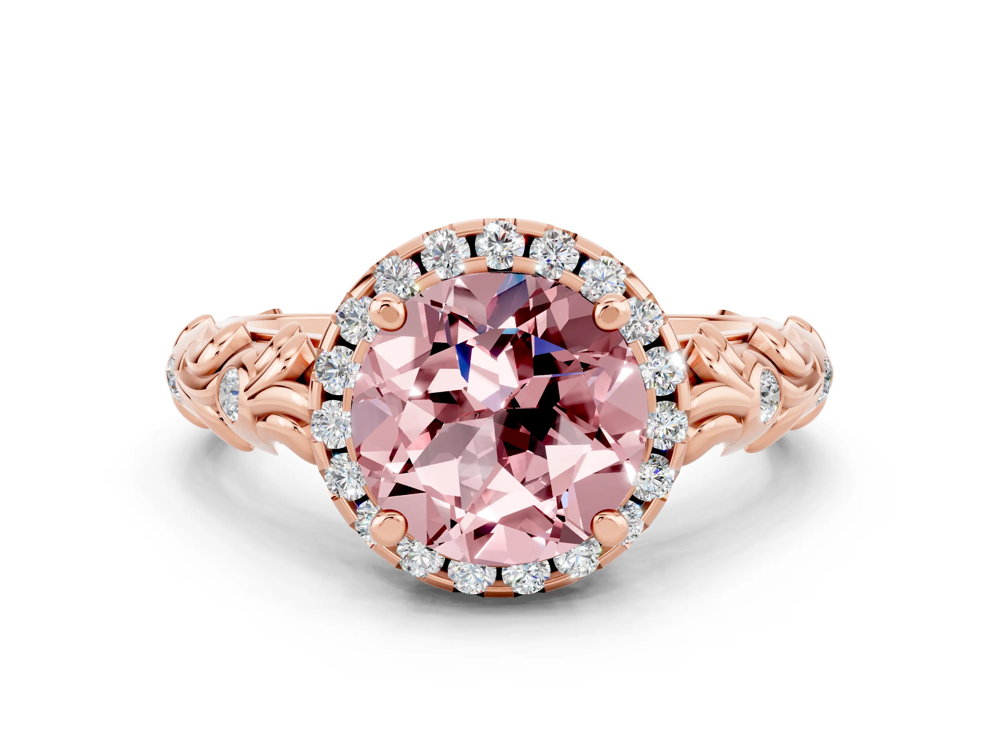 Rose gold Round Cut Halo Diamond Solitaire with Filigree Band and Four-Prong Setting