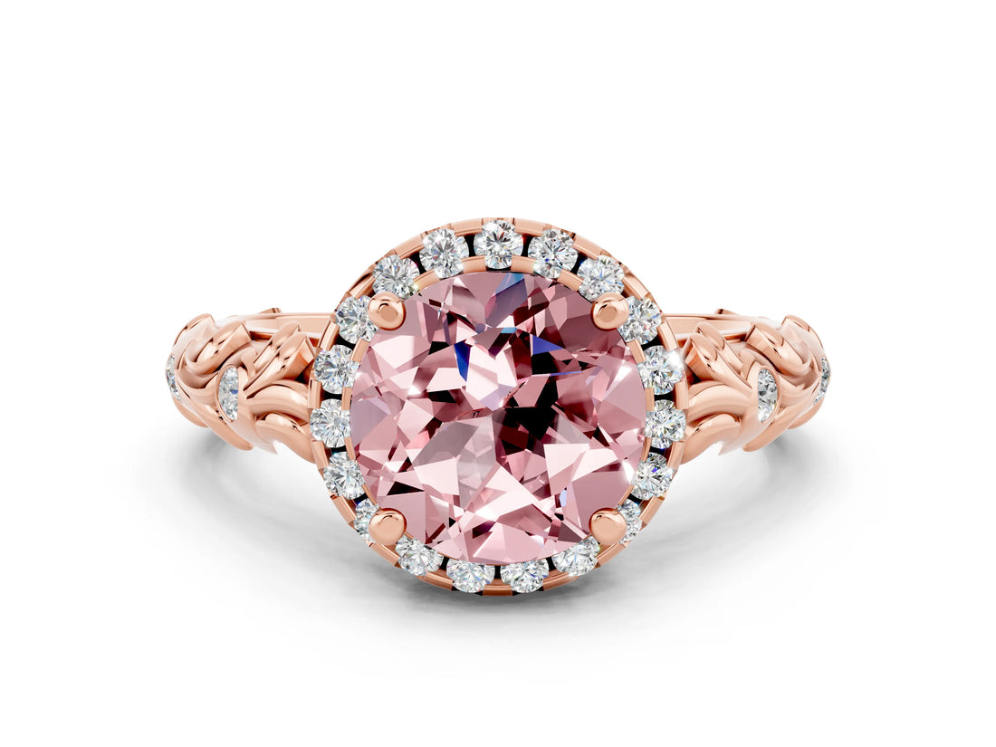 Rose gold Round Cut Halo Diamond Solitaire with Filigree Band and Four-Prong Setting