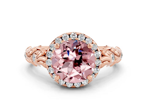 Rose gold Round Cut Halo Diamond Solitaire with Filigree Band and Four-Prong Setting