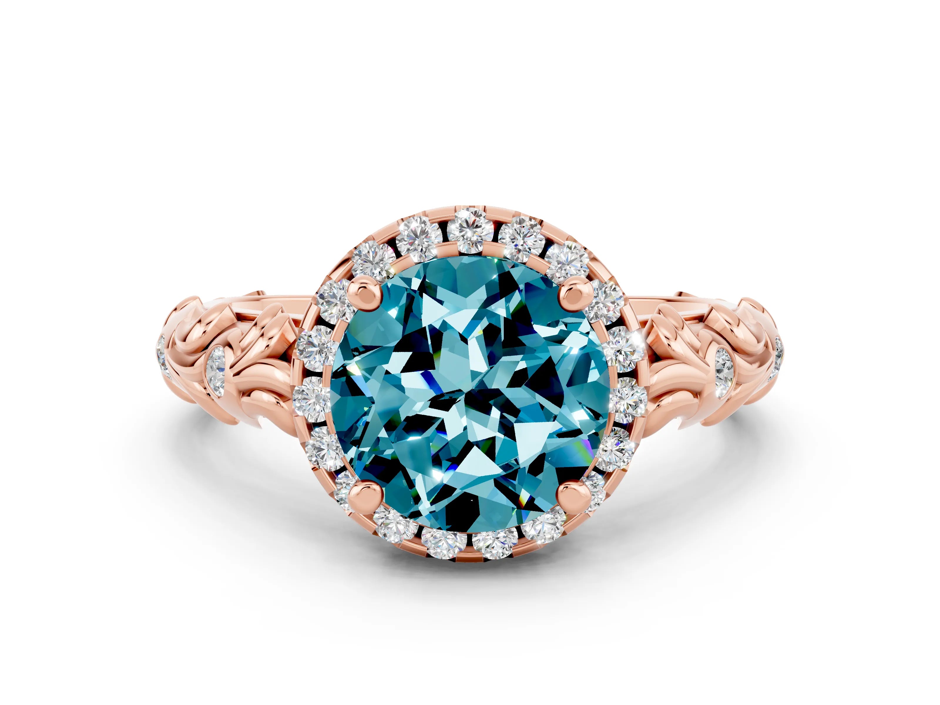 Rose gold Round Cut Halo Diamond Solitaire with Filigree Band and Four-Prong Setting