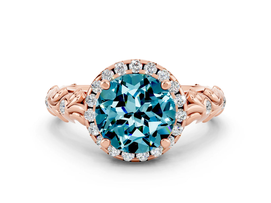 Rose gold Round Cut Halo Diamond Solitaire with Filigree Band and Four-Prong Setting