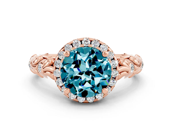 Rose gold Round Cut Halo Diamond Solitaire with Filigree Band and Four-Prong Setting