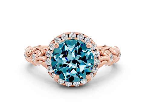 Rose gold Round Cut Halo Diamond Solitaire with Filigree Band and Four-Prong Setting
