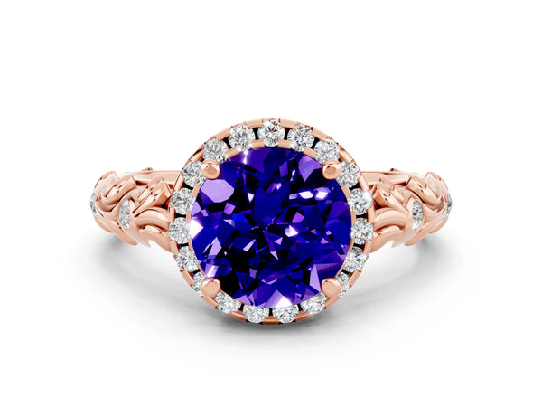 Rose gold Round Cut Tanzanite Halo Ring with Filigree Band and Prong Setting