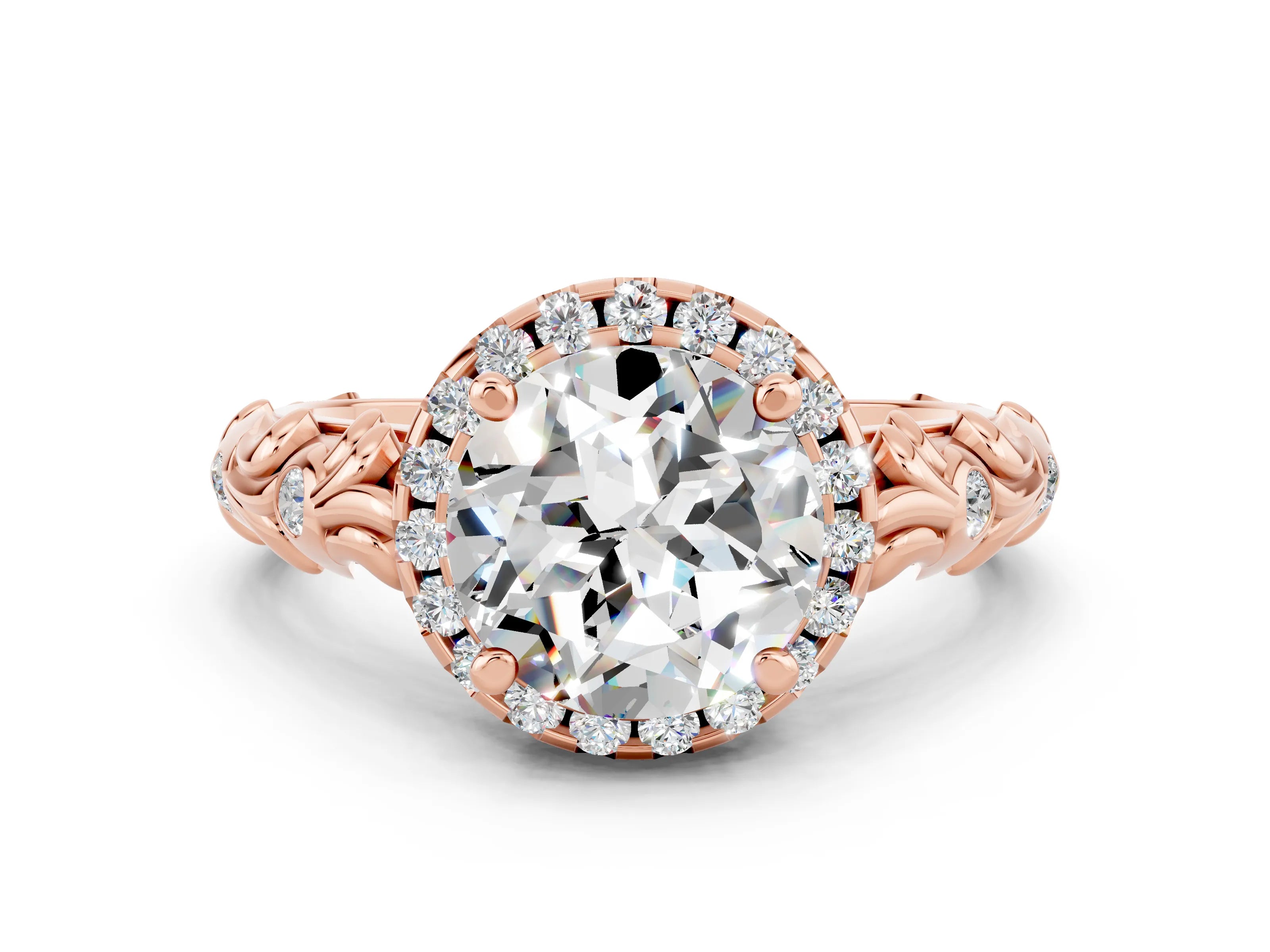 Rose gold Round Cut Halo Diamond Solitaire with Filigree Band and Four-Prong Setting