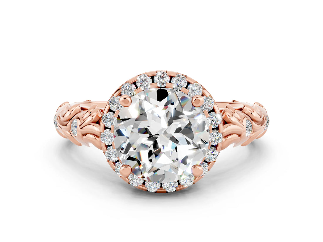 Rose gold Round Cut Halo Diamond Solitaire with Filigree Band and Four-Prong Setting
