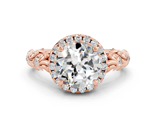 Rose gold Round Cut Moissanite Halo Ring with Filigree Band and Prong Setting