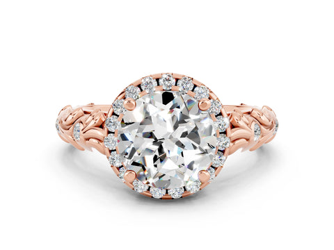 Rose gold Round Cut Halo Diamond Solitaire with Filigree Band and Four-Prong Setting