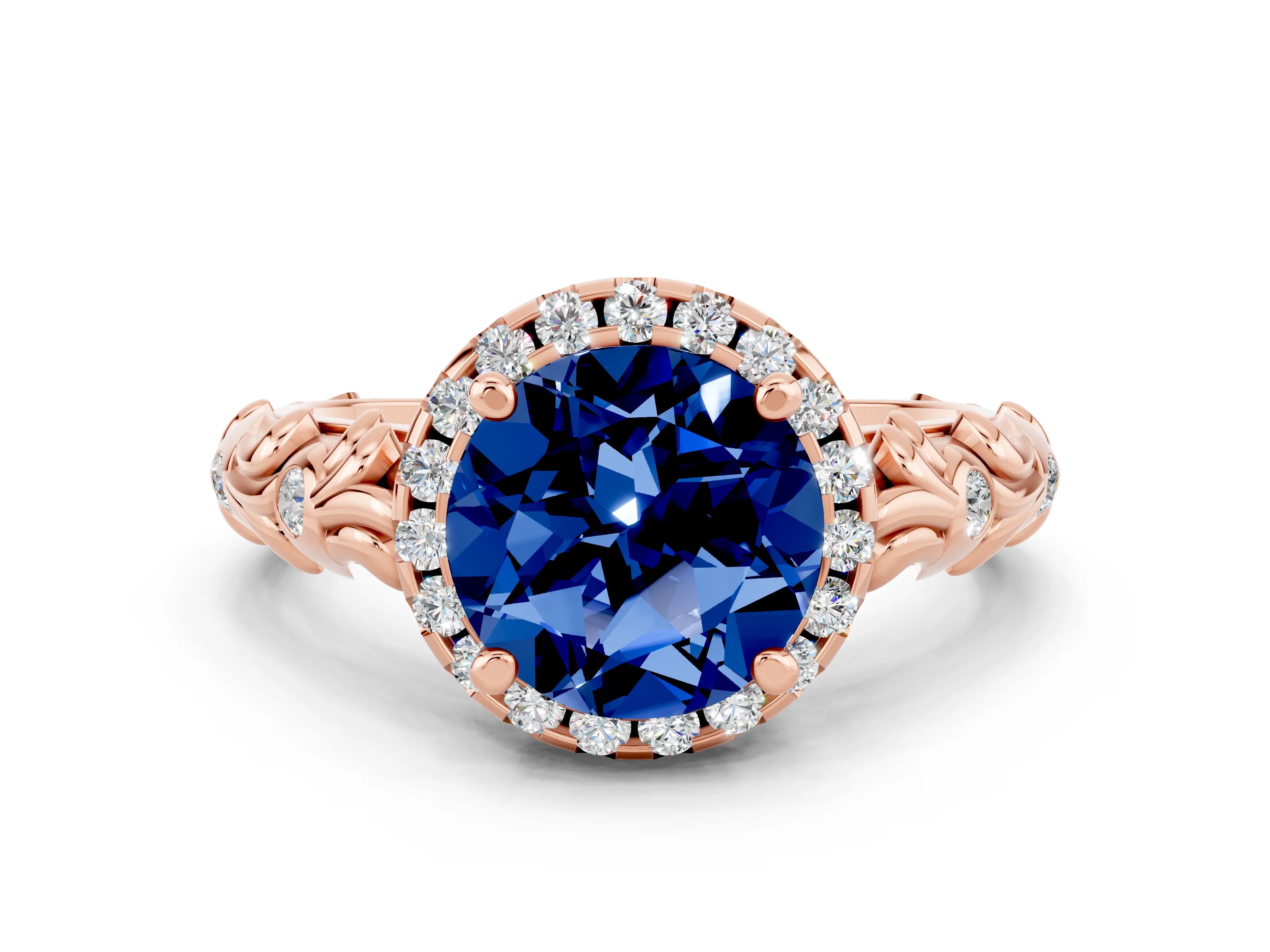 Rose gold Round Cut Halo Diamond Solitaire with Filigree Band and Four-Prong Setting