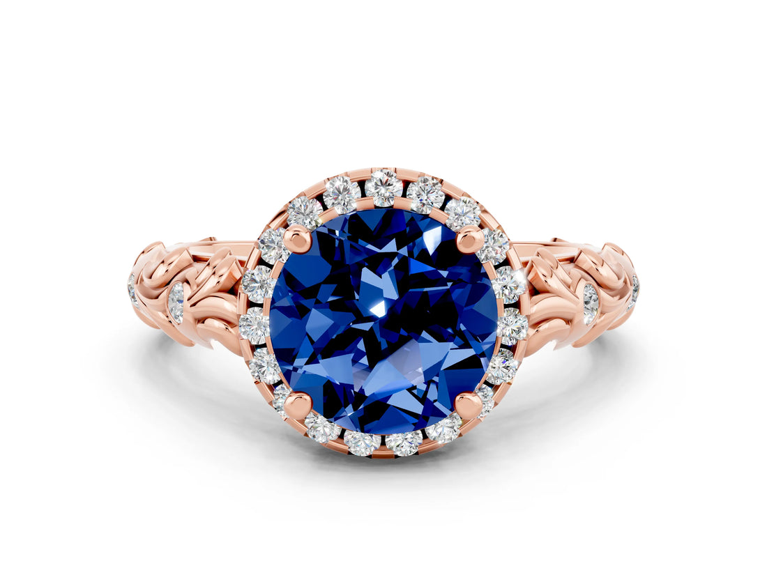 Rose gold Round Cut Halo Diamond Solitaire with Filigree Band and Four-Prong Setting