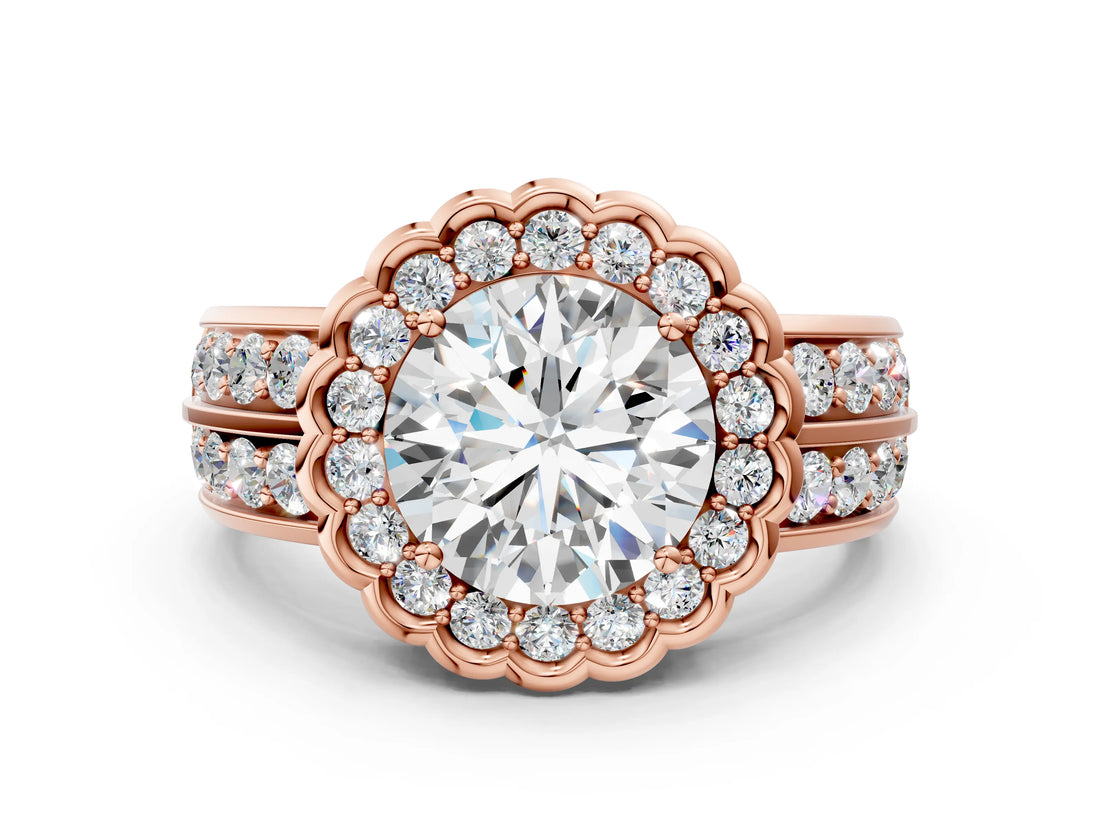 Rose gold Round Cut Halo Diamond Split Shank Ring with Scalloped Prong Setting_7