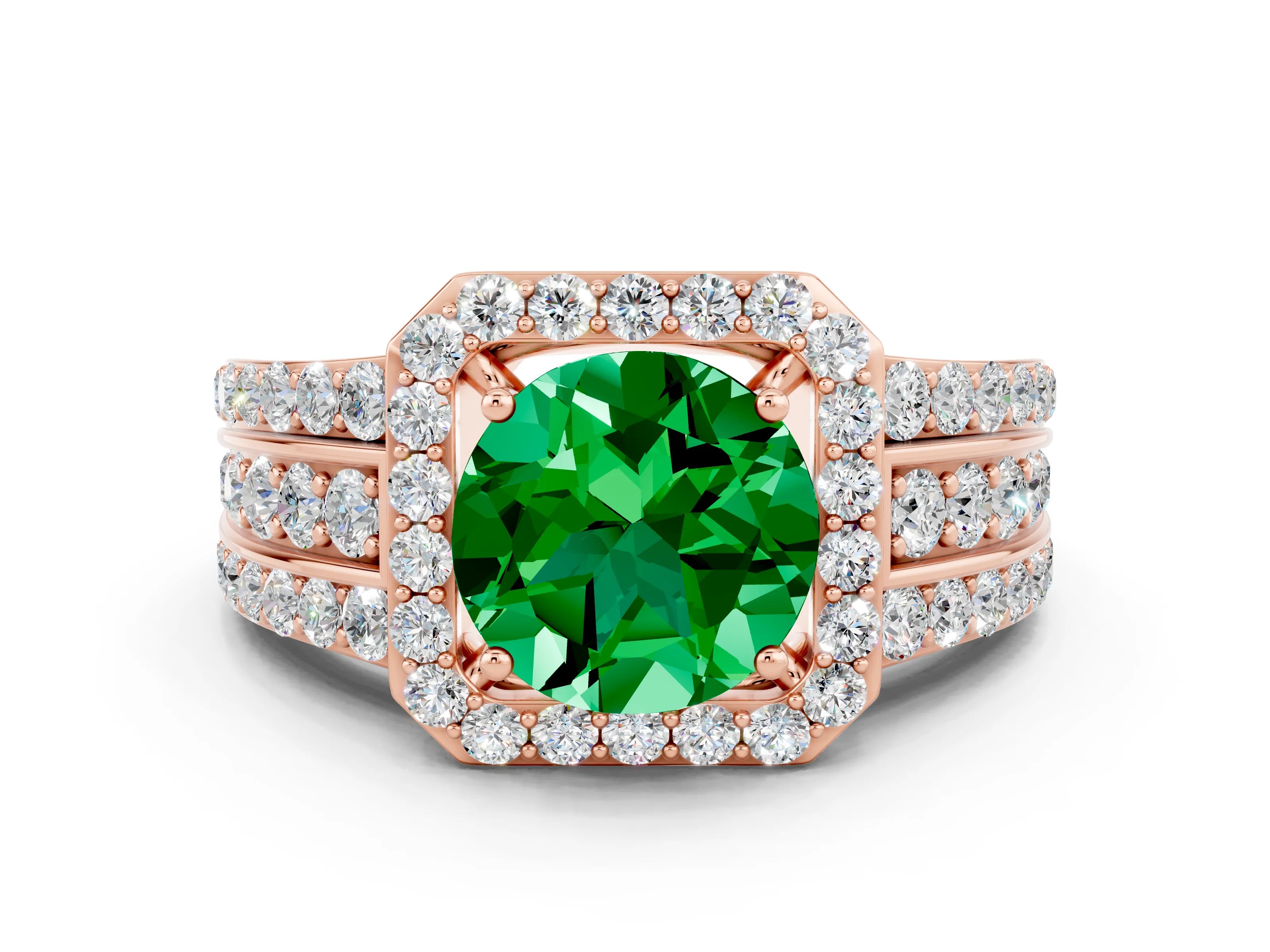 Rose gold Round Cut Halo Emerald Ring with Split Shank and Four-Prong Setting