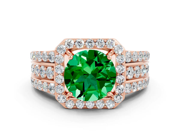 Rose gold Round Cut Halo Emerald Ring with Round  Split Shank and Prong Setting