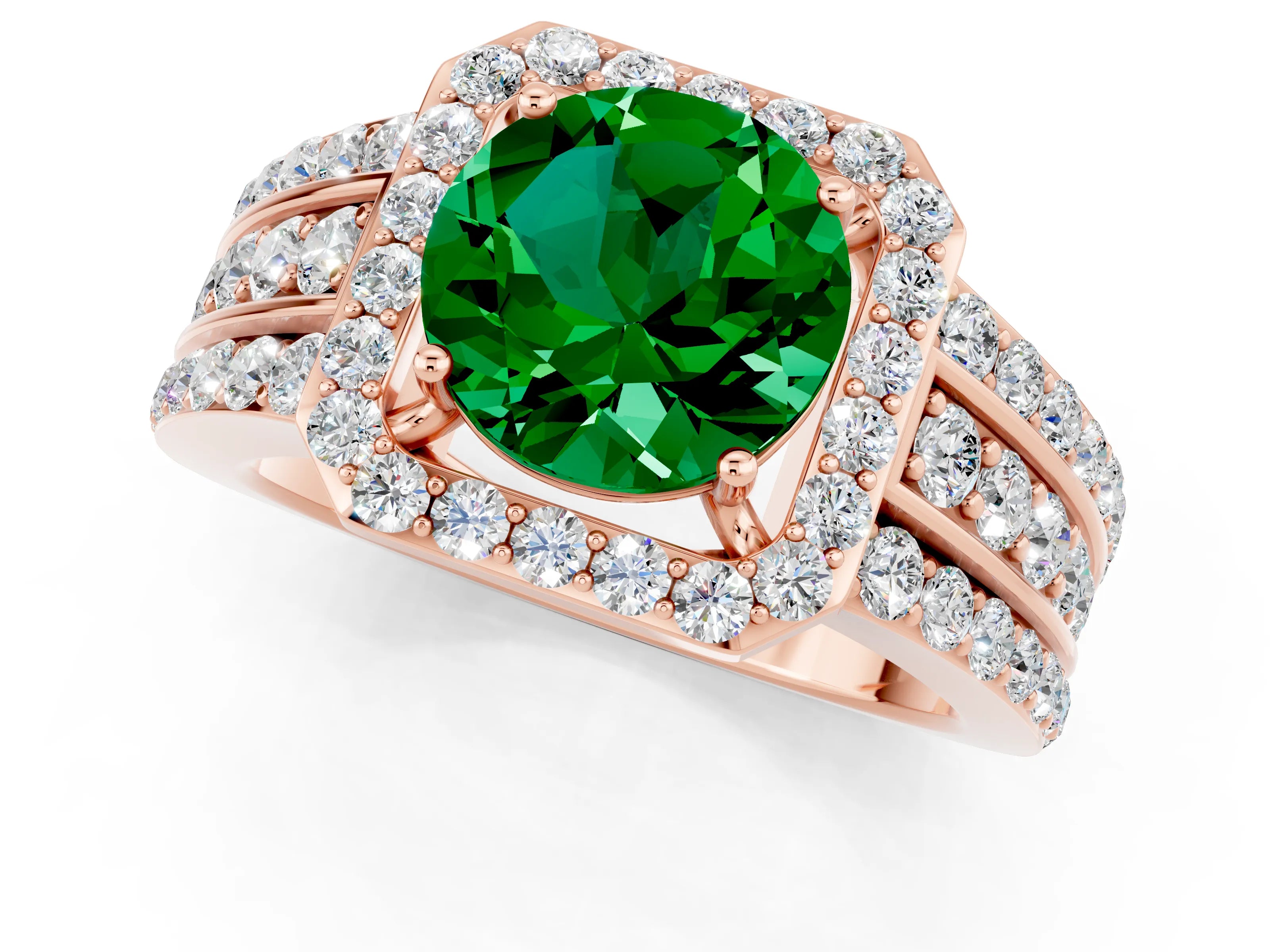 Rose gold Round Cut Halo Emerald Ring with Split Shank and Four-Prong Setting_1
