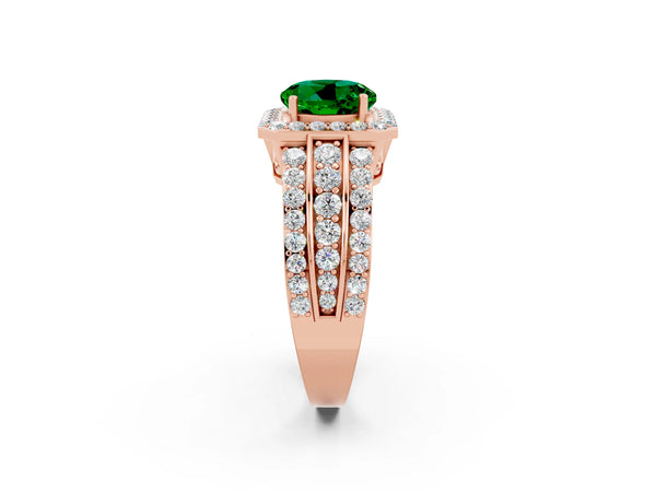 Rose gold Round Cut Halo Emerald Ring with Round  Split Shank and Prong Setting