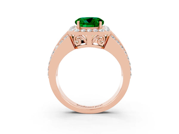 Rose gold Round Cut Halo Emerald Ring with Round  Split Shank and Prong Setting