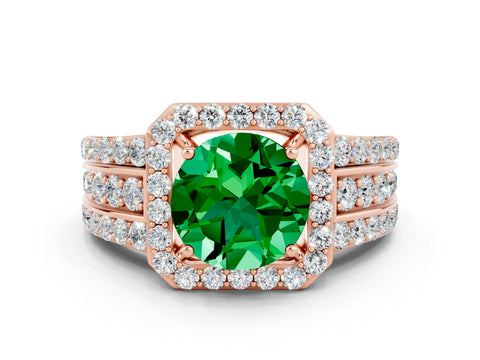 Rose gold Round Cut Halo Emerald Ring with Split Shank and Four-Prong Setting