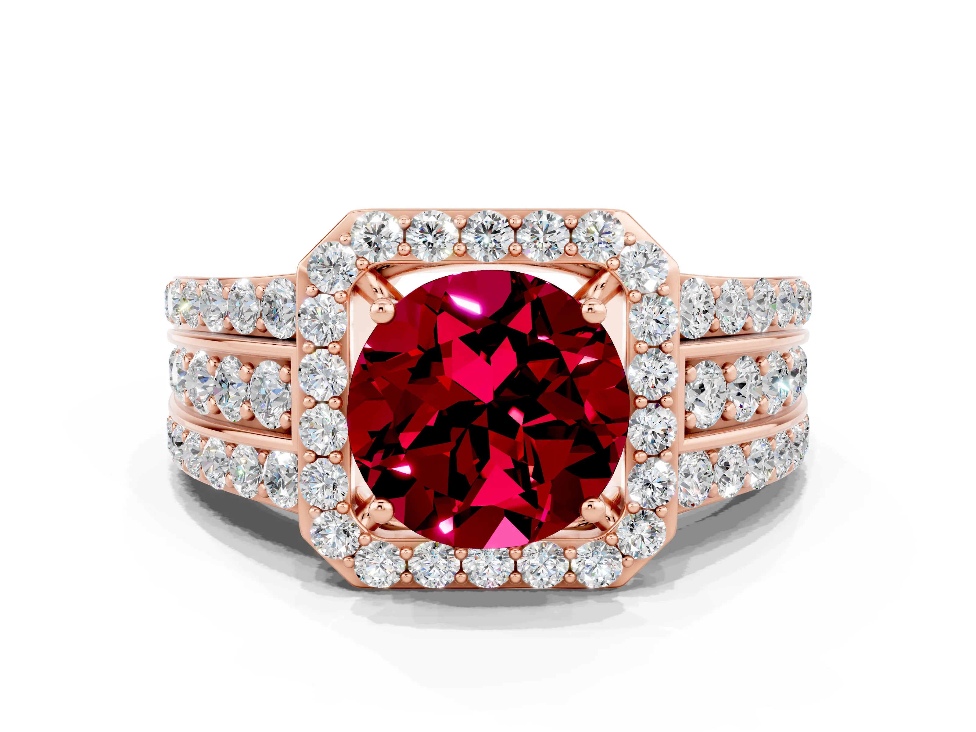 Rose gold Round Cut Halo Garnet Ring with Split Shank and Four-Prong Setting