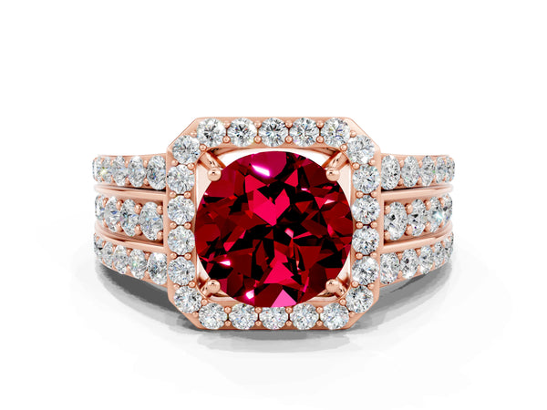 Rose gold Round Cut Halo Garnet Ring with Round  Split Shank and Prong Setting