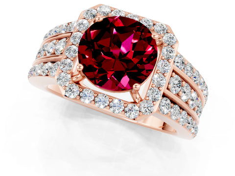 Rose gold Round Cut Halo Garnet Ring with Split Shank and Four-Prong Setting_1