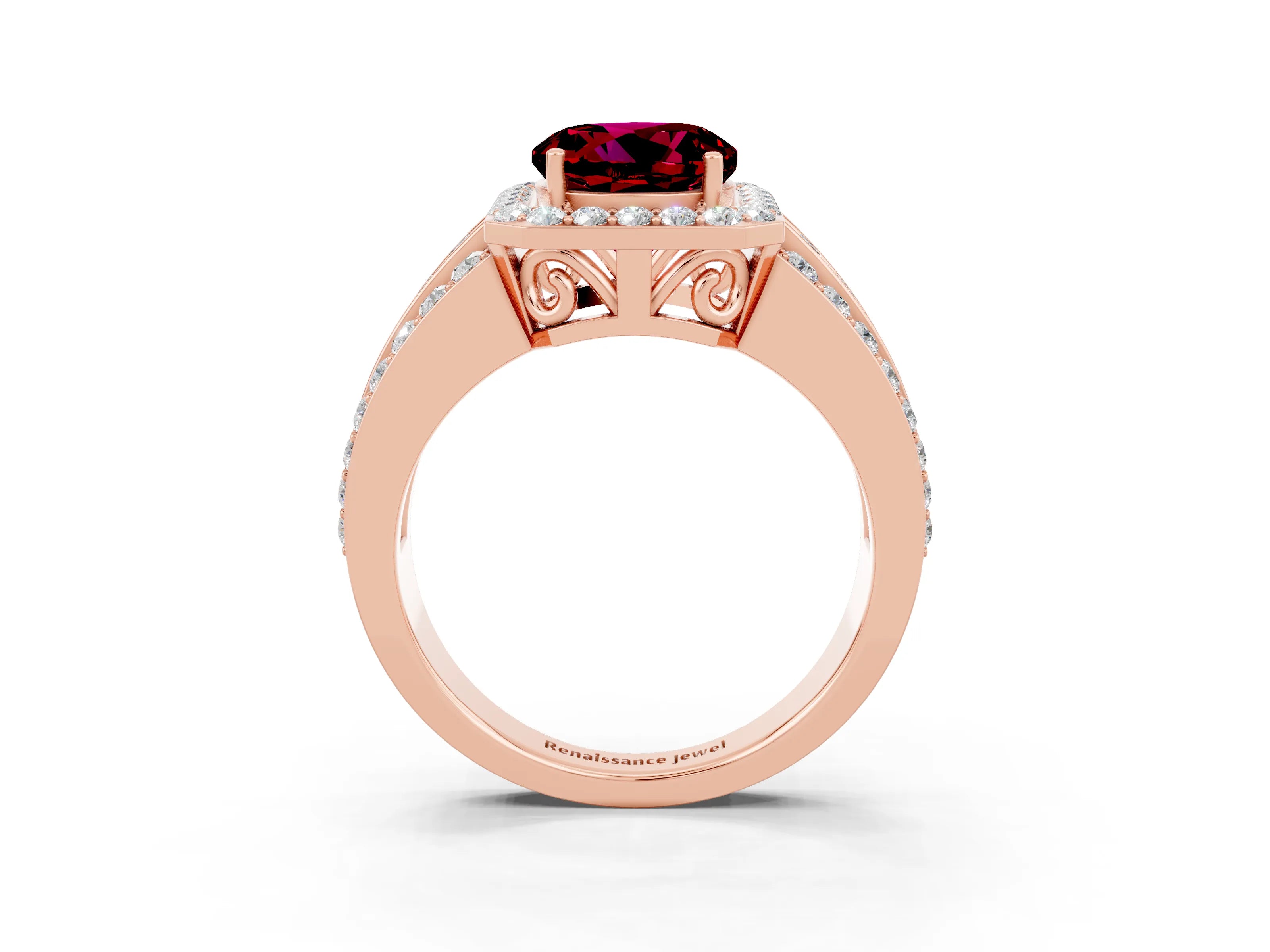 Rose gold Round Cut Halo Garnet Ring with Split Shank and Four-Prong Setting_3