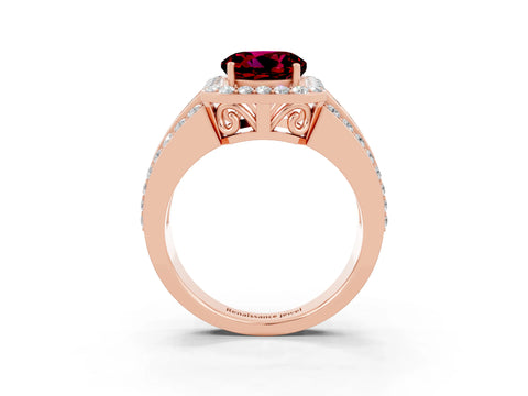 Rose gold Round Cut Halo Garnet Ring with Split Shank and Four-Prong Setting_3