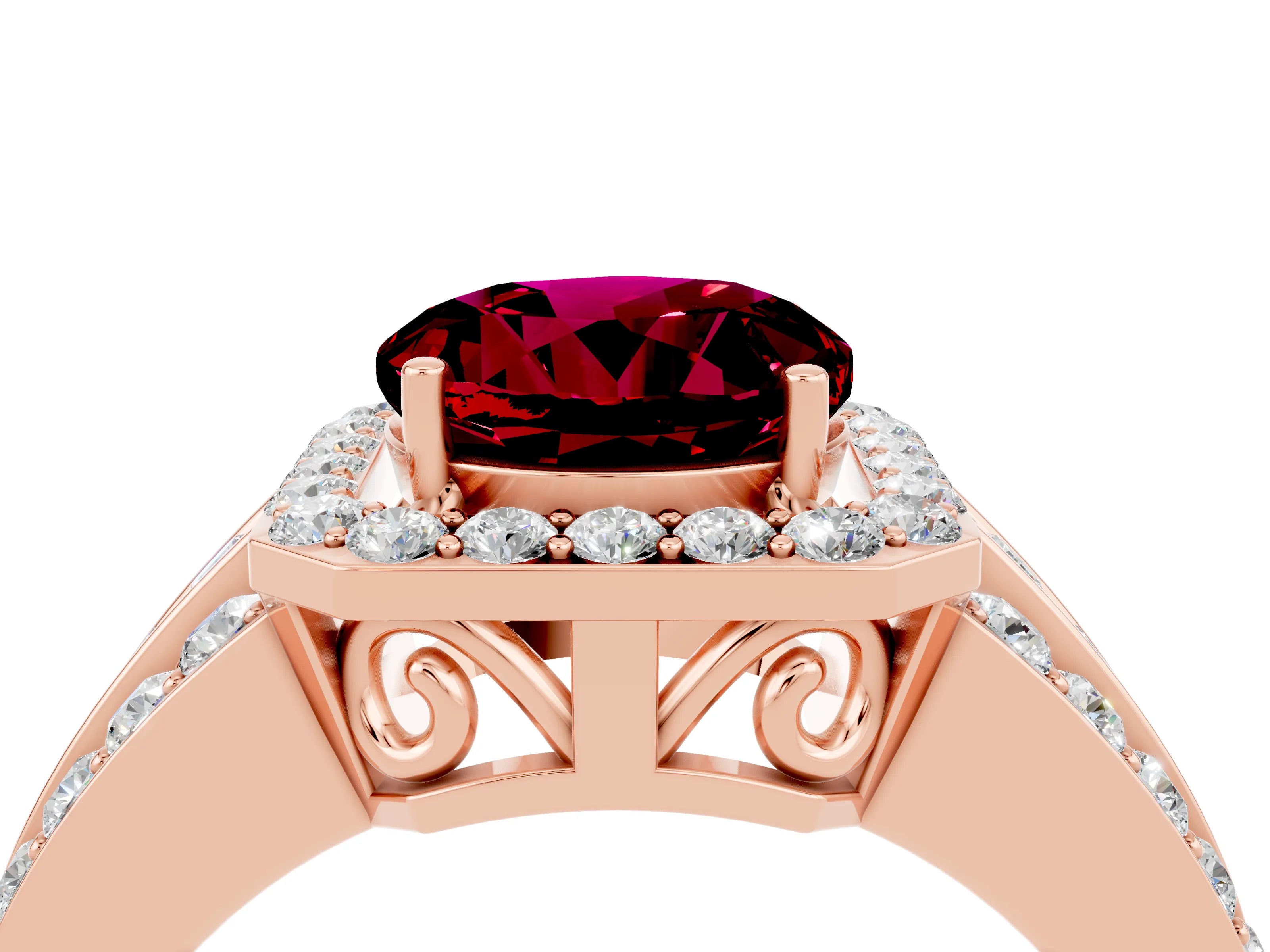 Rose gold Round Cut Halo Garnet Ring with Split Shank and Four-Prong Setting_4