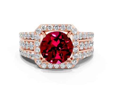 Rose gold Round Cut Halo Garnet Ring with Split Shank and Four-Prong Setting