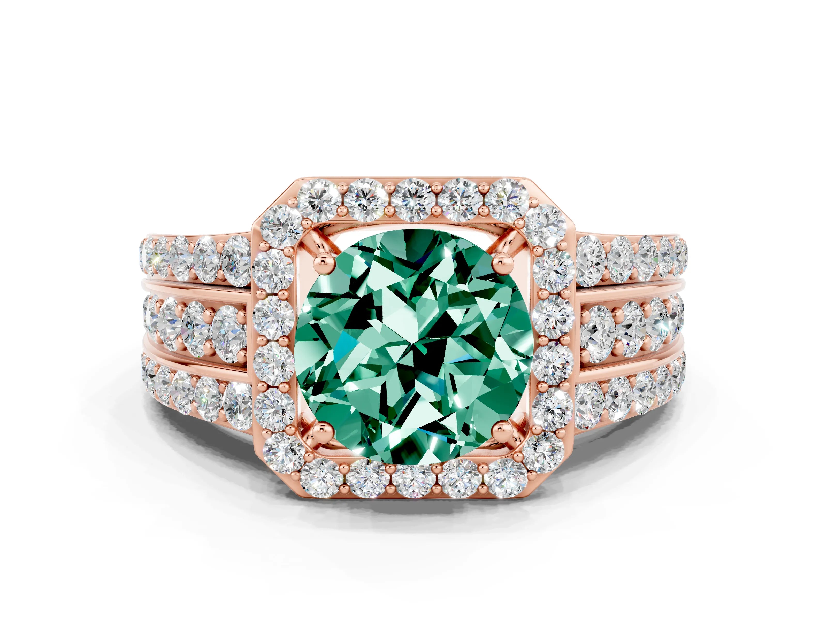 Rose gold Round Cut Halo Green Sapphire Ring with Split Shank and Four-Prong Setting
