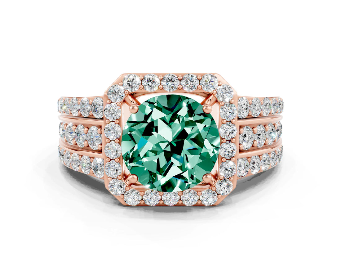Rose gold Round Cut Halo Green Sapphire Ring with Split Shank and Four-Prong Setting