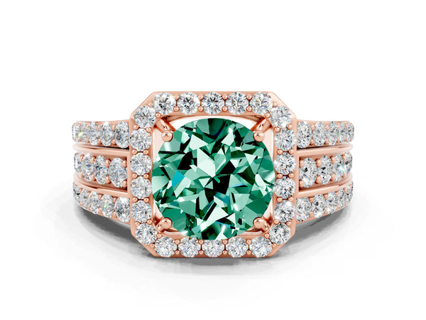 Rose gold Round Cut Halo Green Sapphire Ring with Round  Split Shank and Prong Setting