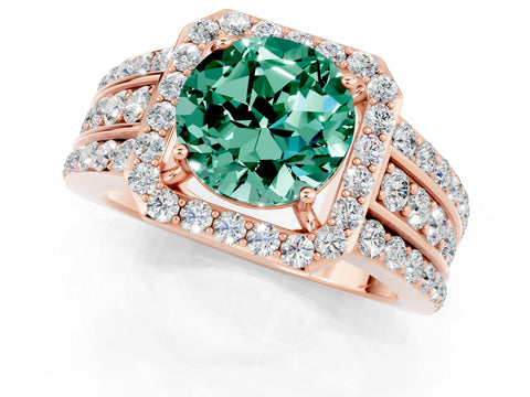 Rose gold Round Cut Halo Green Sapphire Ring with Split Shank and Four-Prong Setting_1