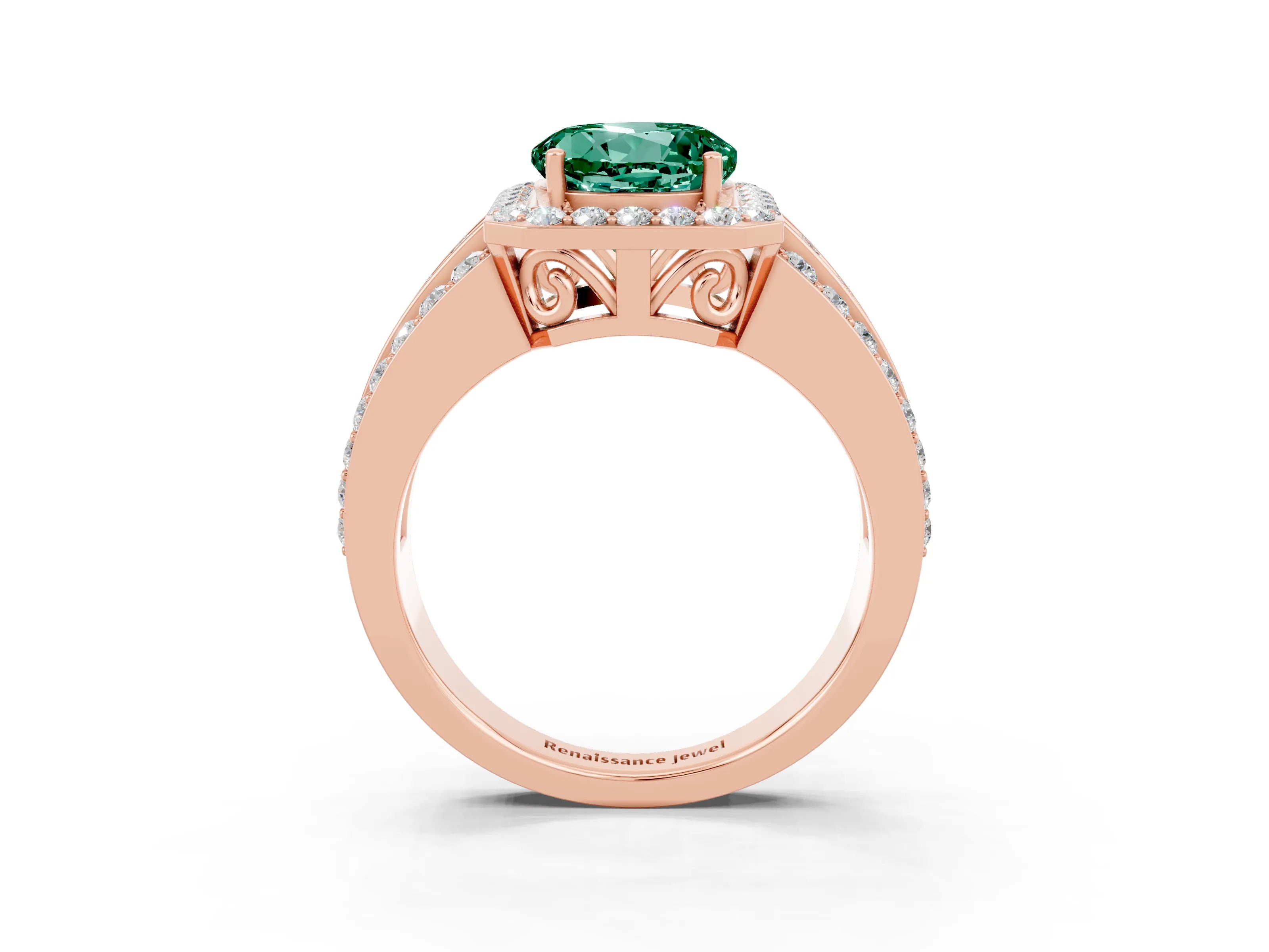 Rose gold Round Cut Halo Green Sapphire Ring with Split Shank and Four-Prong Setting_3