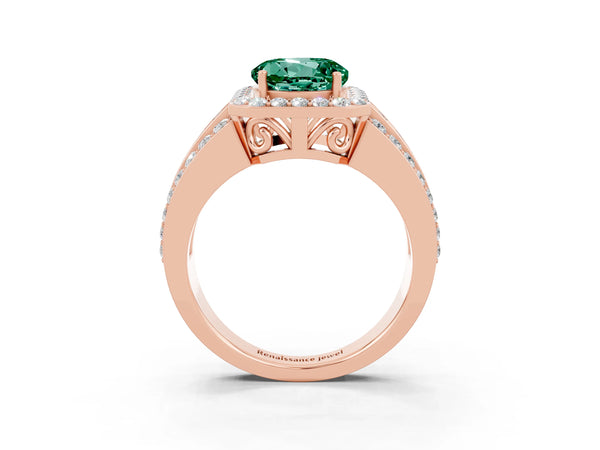 Rose gold Round Cut Halo Green Sapphire Ring with Round  Split Shank and Prong Setting