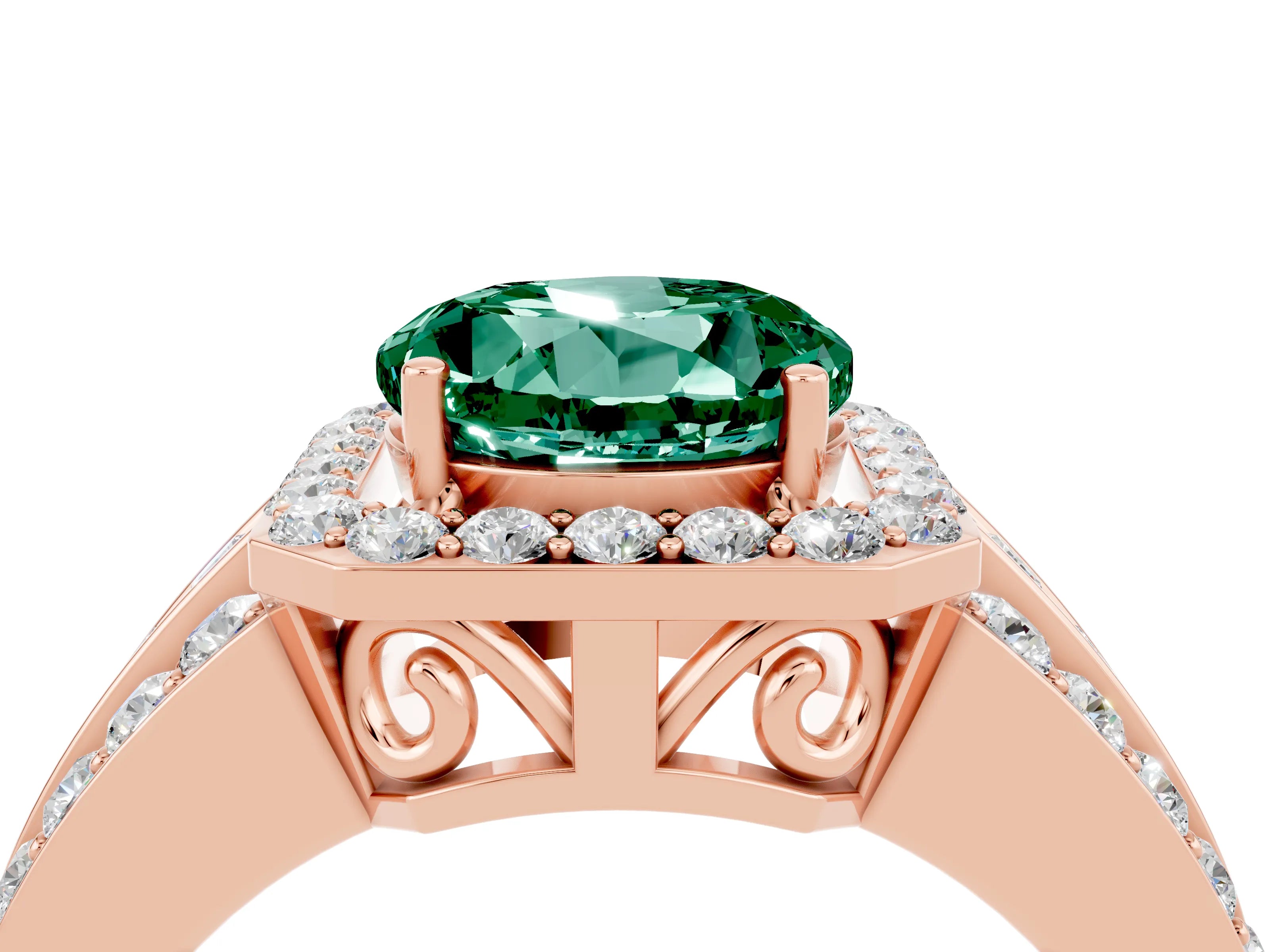 Rose gold Round Cut Halo Green Sapphire Ring with Split Shank and Four-Prong Setting_4