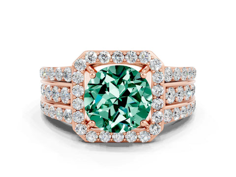 Rose gold Round Cut Halo Green Sapphire Ring with Split Shank and Four-Prong Setting