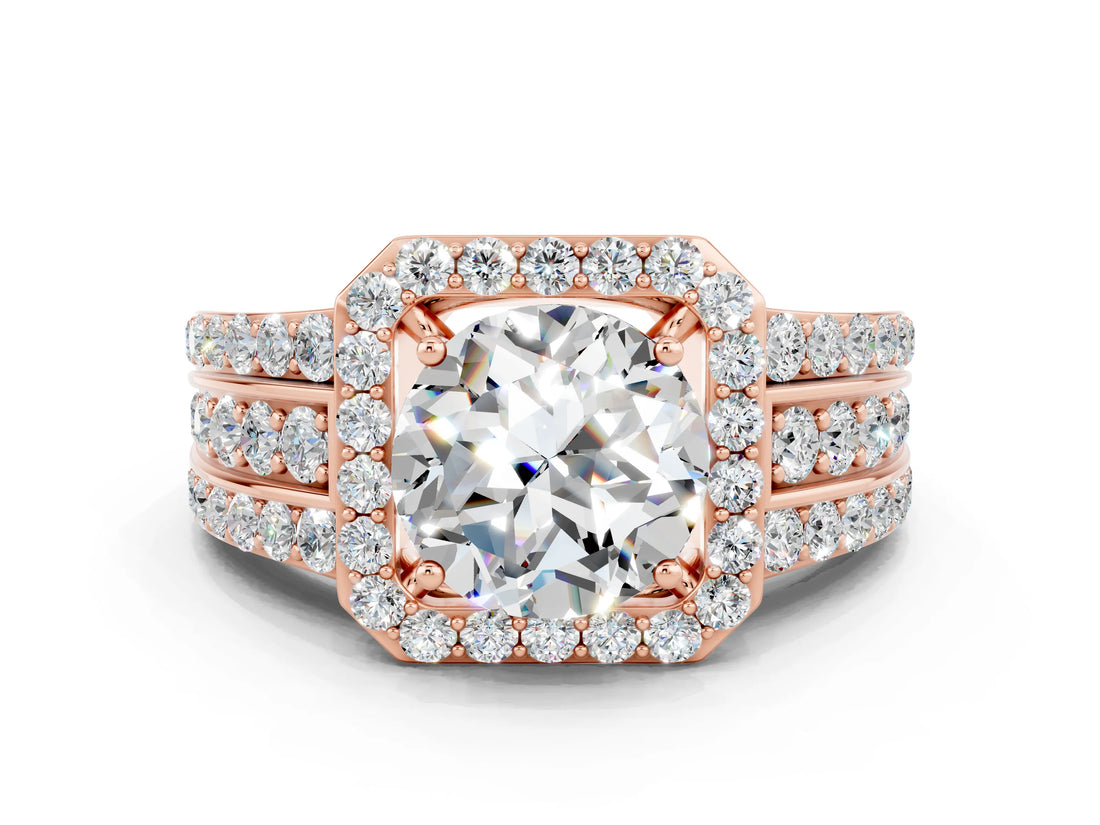 Rose gold Round Cut Halo Moissanite Ring with Split Shank and Four-Prong Setting