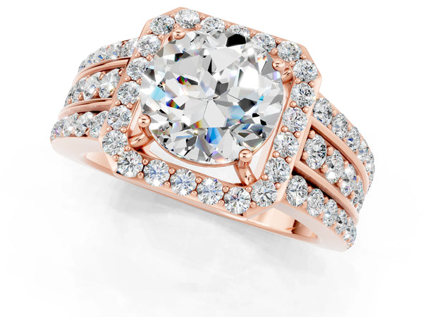Rose gold Round Cut Halo Moissanite Ring with Round  Split Shank and Prong Setting