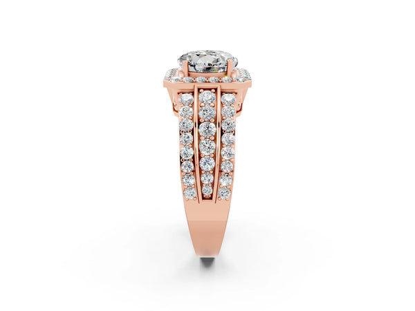 Rose gold Round Cut Halo Moissanite Ring with Round  Split Shank and Prong Setting