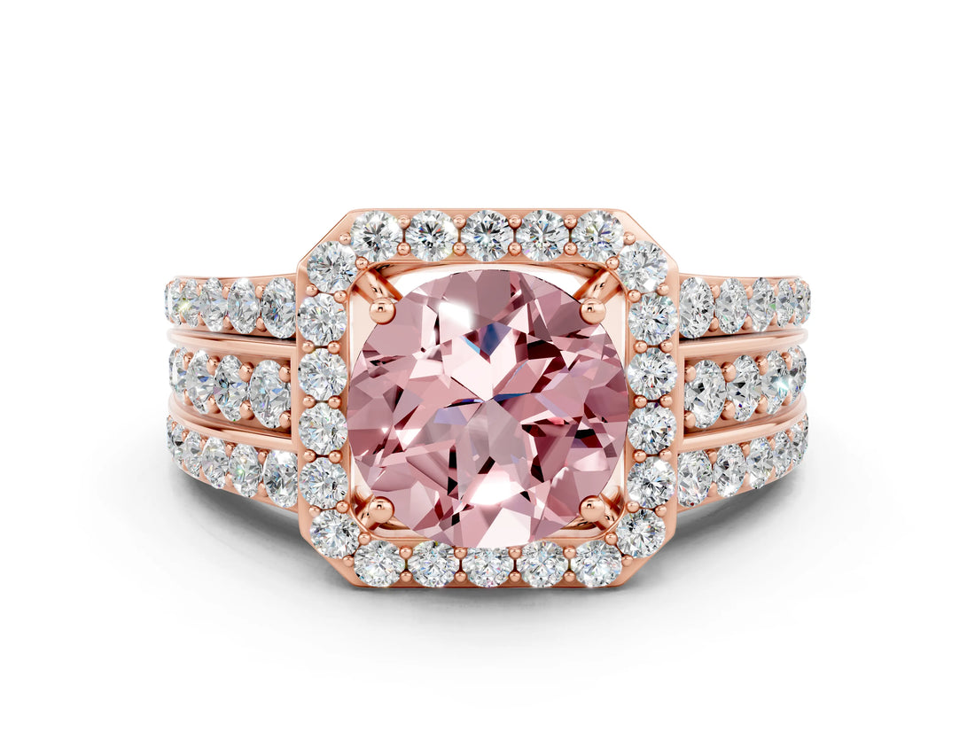 Rose gold Round Cut Halo Morganite Ring with Split Shank and Four-Prong Setting