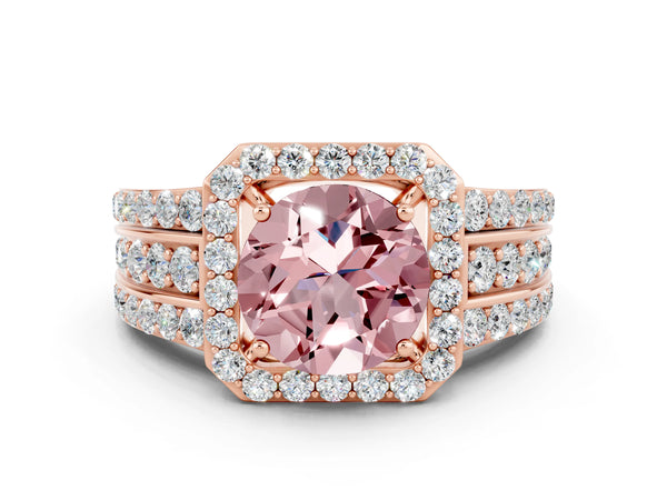 Rose gold Round Cut Halo Morganite Ring with Round  Split Shank and Prong Setting